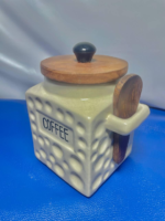 Ceramic Coffee Canister with Wooden Lid and Scoop, Dimpled Design, White - Image 2