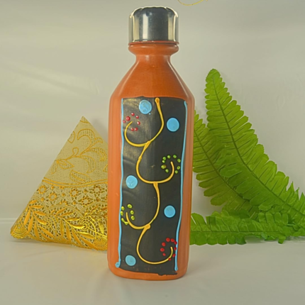 Handcrafted Terracotta Water Bottle with Artistic Design, Steel Lid, Traditional Clay Cooling