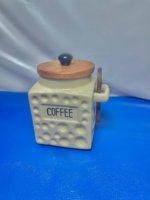 Ceramic Coffee Canister with Wooden Lid and Scoop, Dimpled Design, White - Image 3