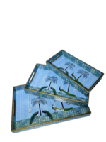 Decorative Wooden Serving Trays Set, Peacock Paradise Design with Gold Trim, 3-Piece Nesting Trays