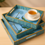 Decorative Wooden Serving Trays Set, Peacock Paradise Design with Gold Trim, 3-Piece Nesting Trays - Image 3