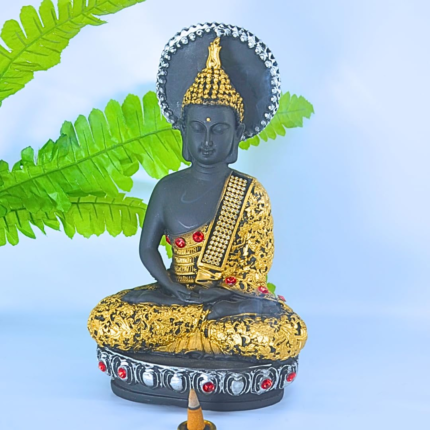 Decorative Buddha Statue, Matte Black and Gold Finish, with Crystal Embellishments, Meditation Home Decor