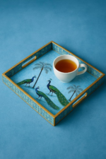 Decorative Wooden Serving Trays Set, Peacock Paradise Design with Gold Trim, 3-Piece Nesting Trays - Image 4