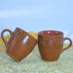 Handcrafted Warli Art Ceramic Coffee Cups, Traditional Indian Tribal Design, Brown, Set of 2 - Image 4